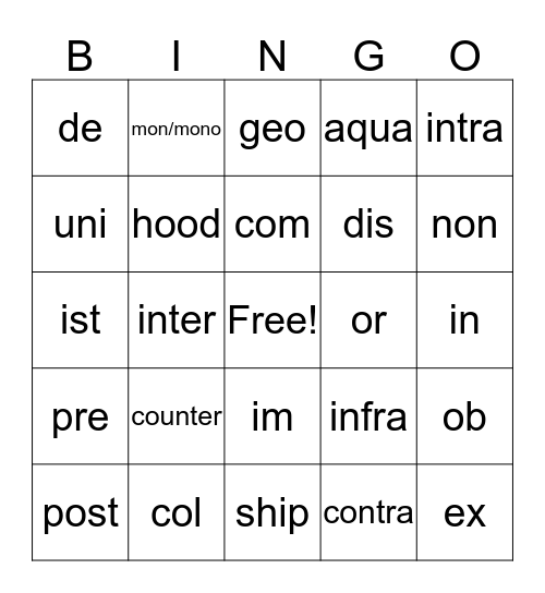 Morpheme Bingo Card