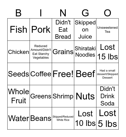 Healthier Me Bingo Card