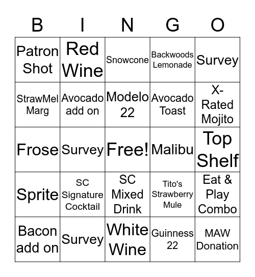 D&B Bar Bingo Card