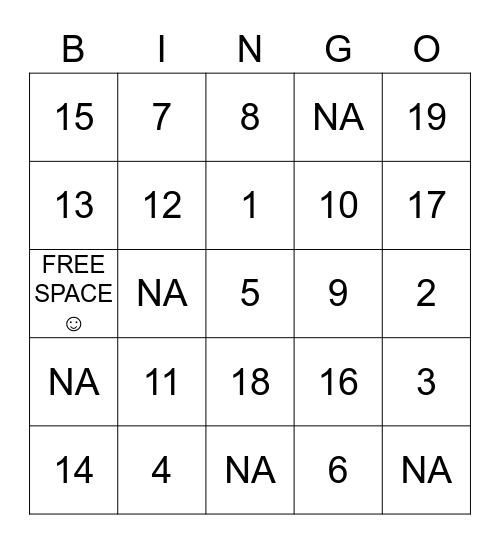 NUMBER BINGO Card
