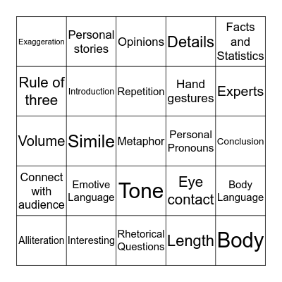 Speech Techniques Bingo Card