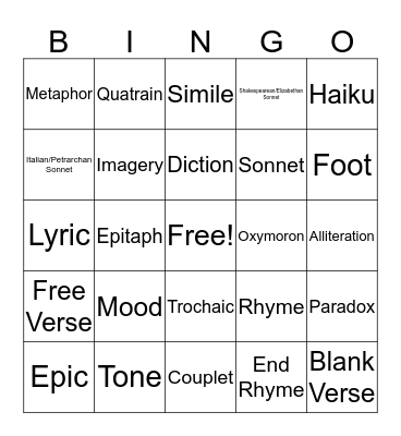 Poetry Terminology Review Bingo Card