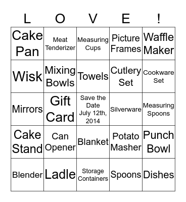 AMY'S BRIDAL SHOWER BINGO Card