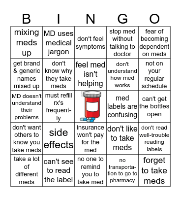 Medication Compliance Bingo Card