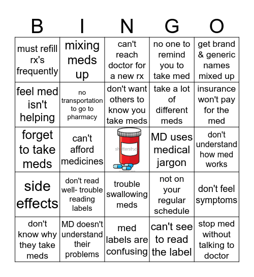 Medication Compliance Bingo Card