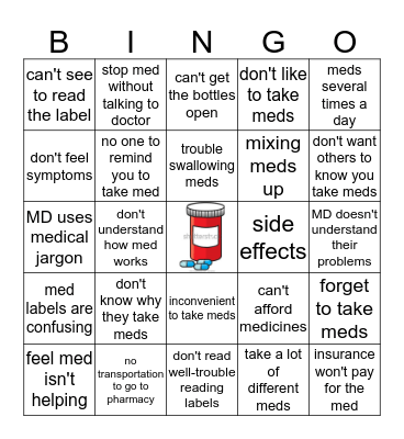 Medication Compliance Bingo Card