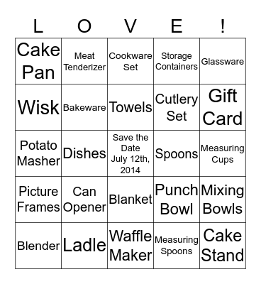 AMY'S BRIDAL SHOWER BINGO Card