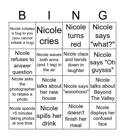 Bachelorette Bingo: Nicole Edition! Bingo Card