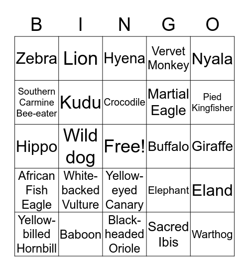 Kruger Safari Bingo Card