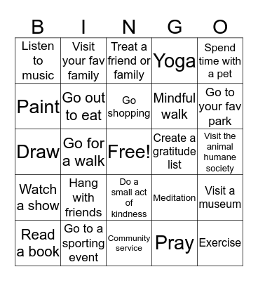 Pleasant Activities Bingo Card