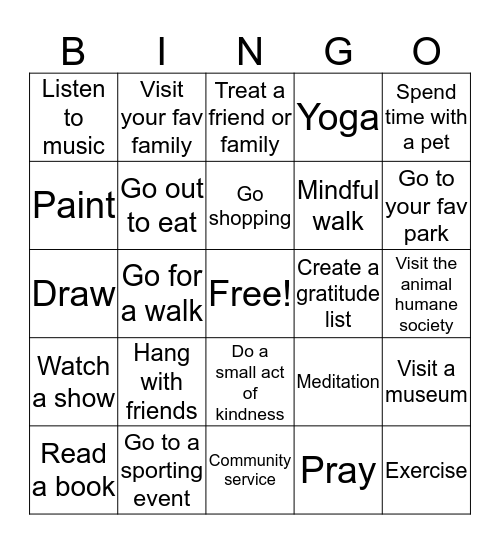 Pleasant Activities Bingo Card