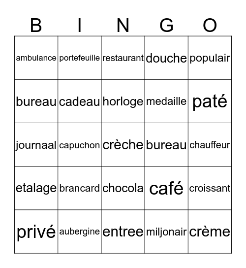 Franse leenwoorden Bingo Card