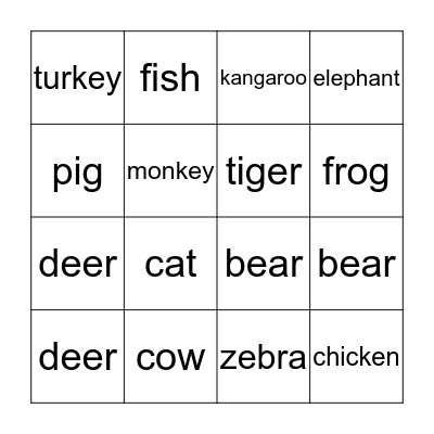 Animal Bingo Card