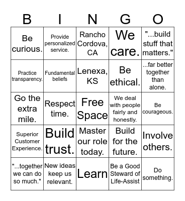 Core Values Bingo! Bingo Card