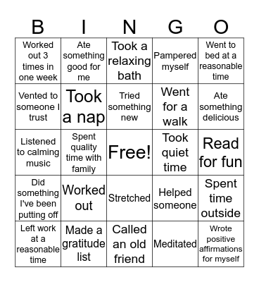 Self Care Bingo Card