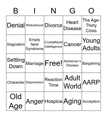 Adulthood & Old Age Bingo Card