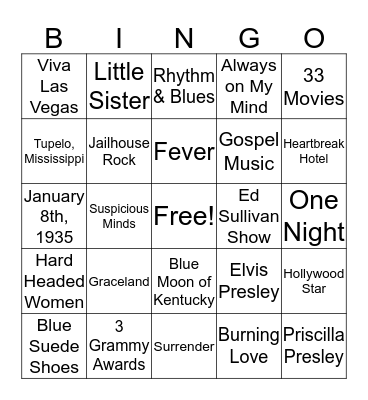 Elvis Presley Bingo Card