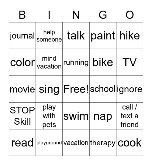 Coping Bingo Card