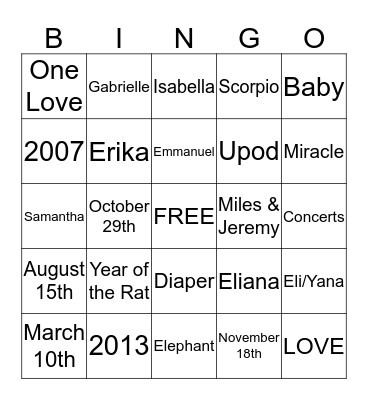 Baby Eliana Isabella BINGO Card