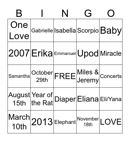 Baby Eliana Isabella BINGO Card