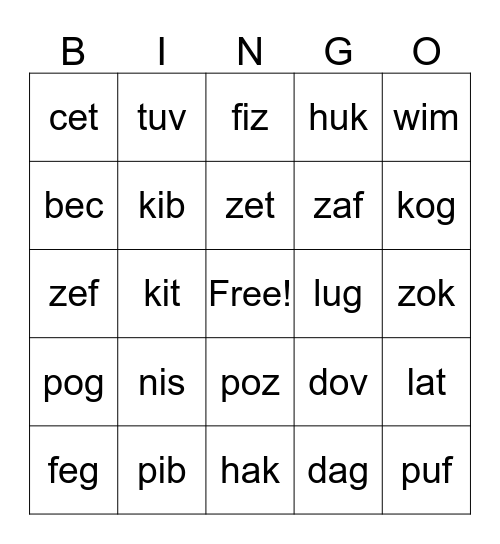 January Nonsense Words Bingo Card