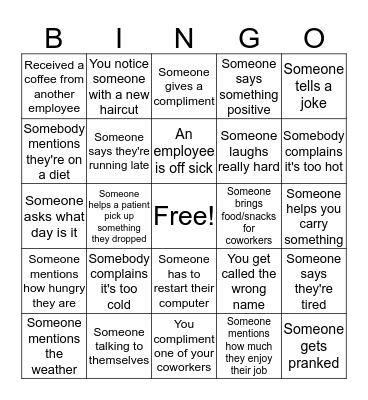 RRH Fun Day @ Work  Bingo Card