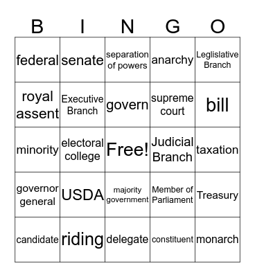 Introduction to Government! Bingo Card
