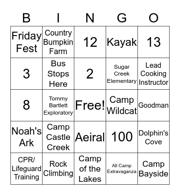 WYC Summer BINGO Card