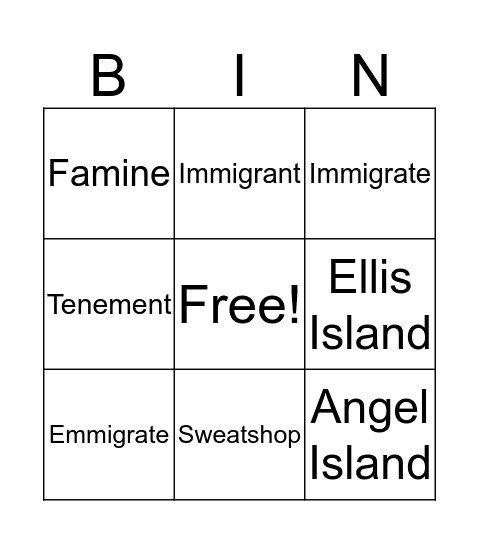 Immigration Bingo Card