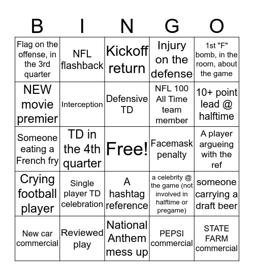 SUPER BOWL BINGO Card