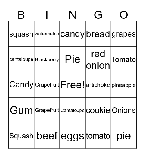 ASL Food  Bingo Card