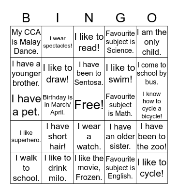 Getting to know my P4-4 classmates Bingo Card