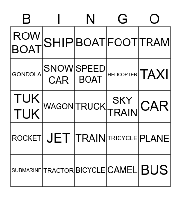 TRANSPORTATION Bingo Card