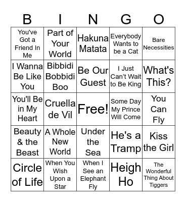 DISNEY SONGS Bingo Card