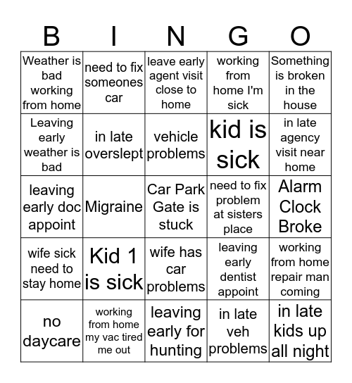 Mr Excuse 2018  Bingo Card