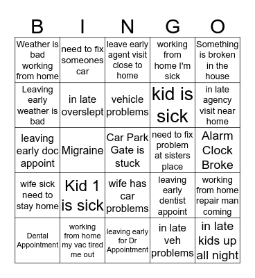 Mr Excuse 2018  Bingo Card