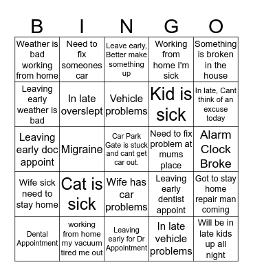 UK Carbody Excuse Bingo 2020 Bingo Card