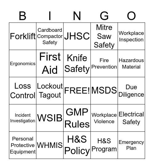 PPSI SAFETY BINGO Card