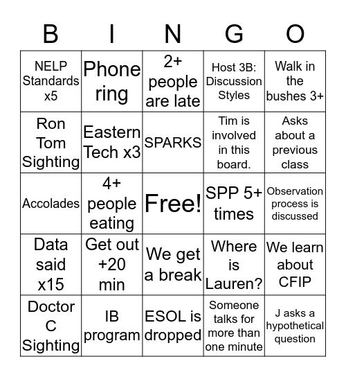 English January Learning Walk Bingo Card