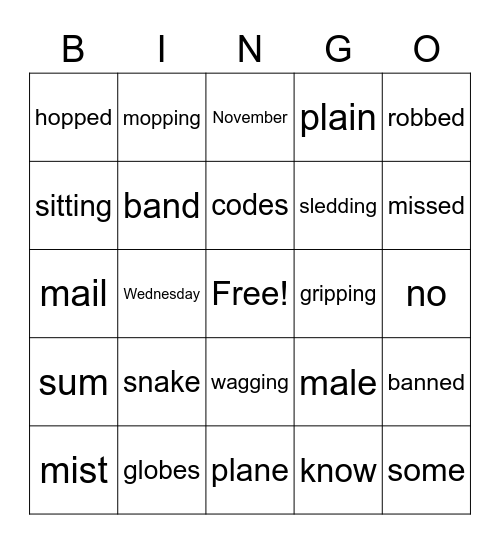 Vowel Consonant E Words Bingo Card