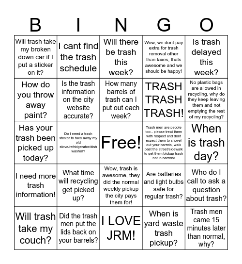 Trash Day Bingo Card