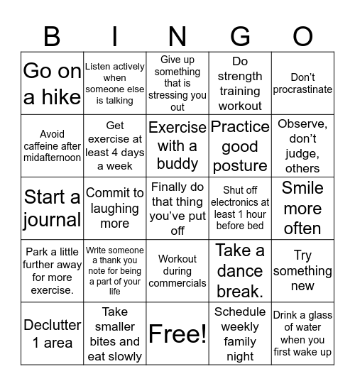 Healthy Habits Bingo Card