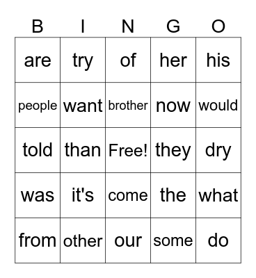 Sight Words Bingo Card