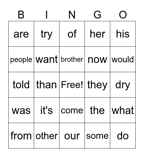 Sight Words Bingo Card