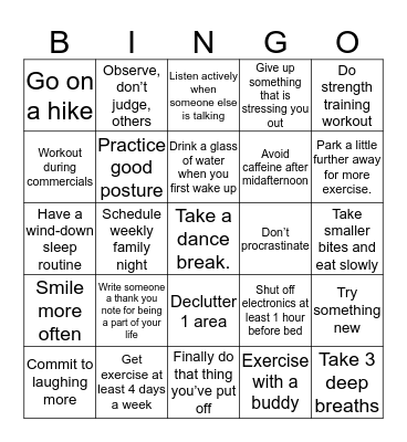 Healthy Habits Bingo Card