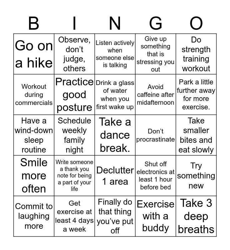 Healthy Habits Bingo Card