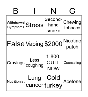 Smoking Cessation Bingo Card
