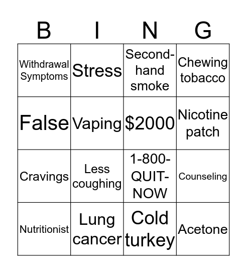 Smoking Cessation Bingo Card