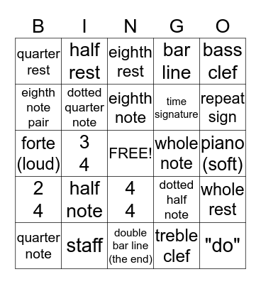 Music Notation Bingo Card