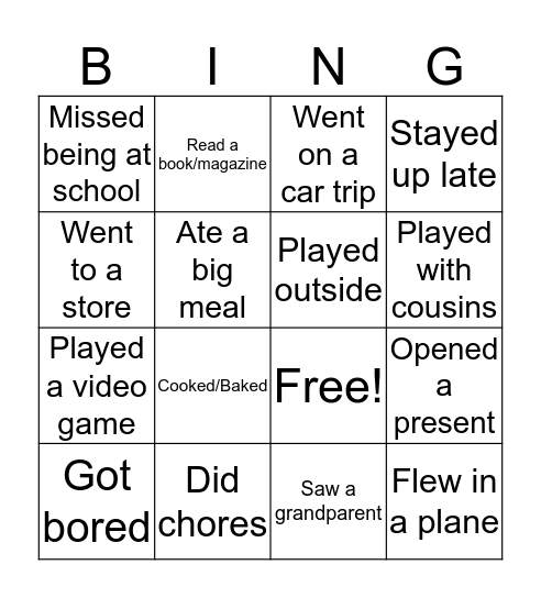 Winter Break Bingo Card